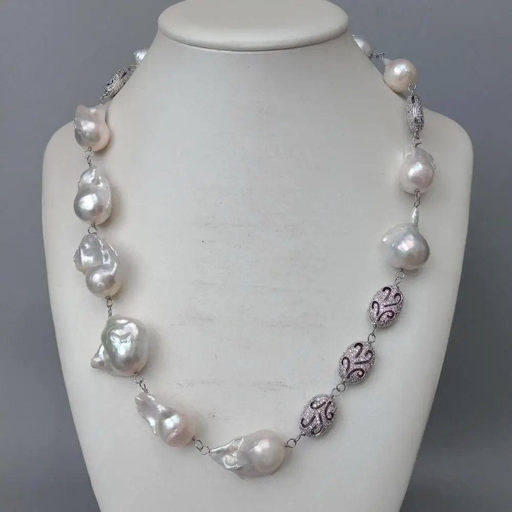 Y.YING natural Cultured White Keshi Pearl Cubic Zirconia Pave connector choker Necklace 20