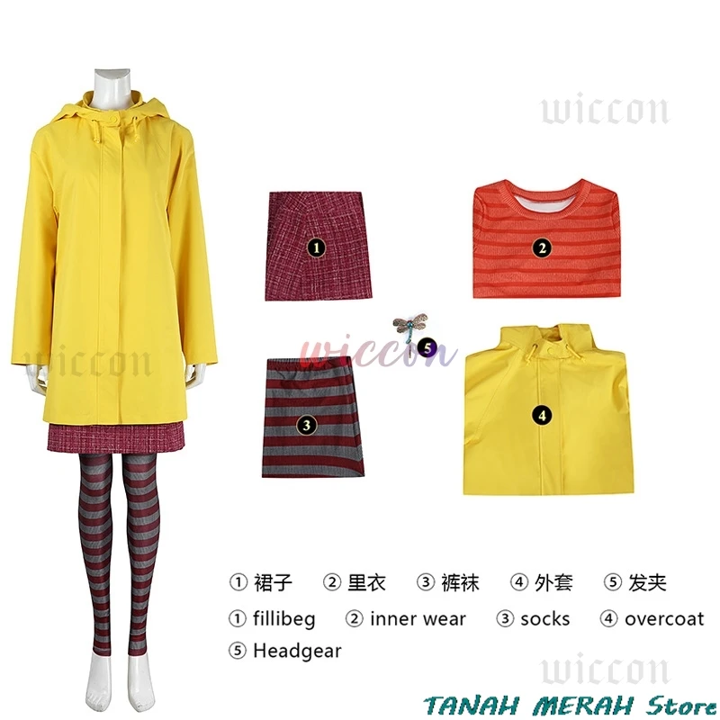 Coraline Cosplay Costume Horror Fairytale Movies Yellow Coat Secret Door Adult Halloween Party Scary Ghost Mom Caroline