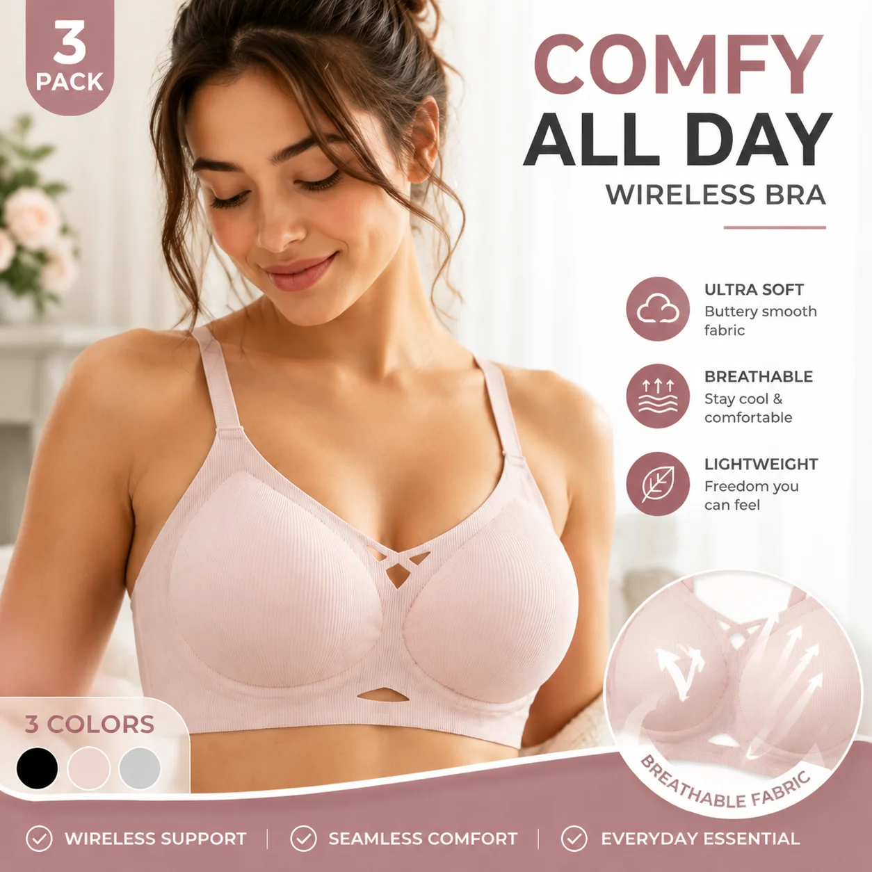 2PCS Daily Comfort Wire Free Brassiere Cutout Design No Trace Underwear Breathable Support Adjustable Shoulder Strap Ladies Bra