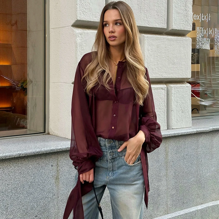 

Linad Элегантные кирпично-красные прозрачные рубашки с рукавами-фонариками, осенние уличные шикарные женские блузки на шнуровке, повседневные однобортные топы 2025