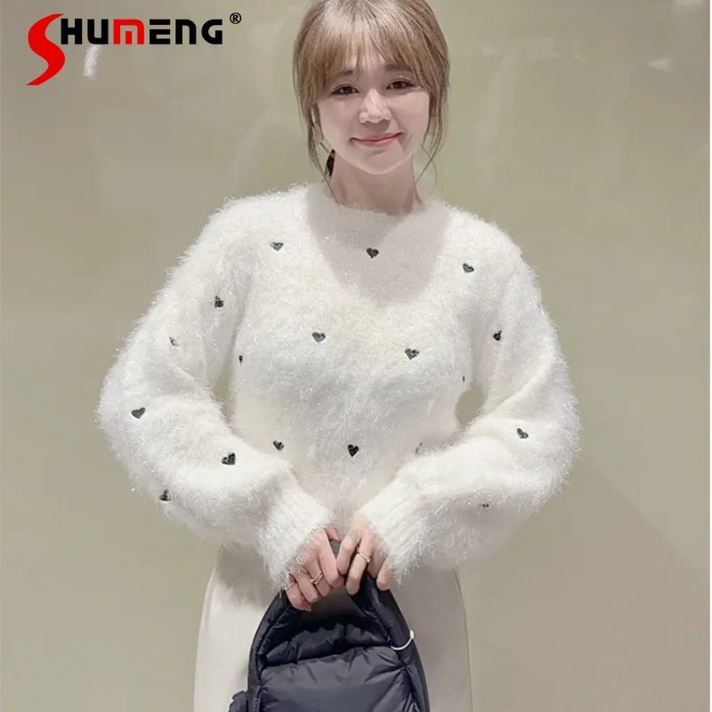 

2024 Autumn New Women's Clothing Sweet And Versatile Bright Silk Plush Love Embroidered Oversized Knitted Sweater Y2k Pullovers