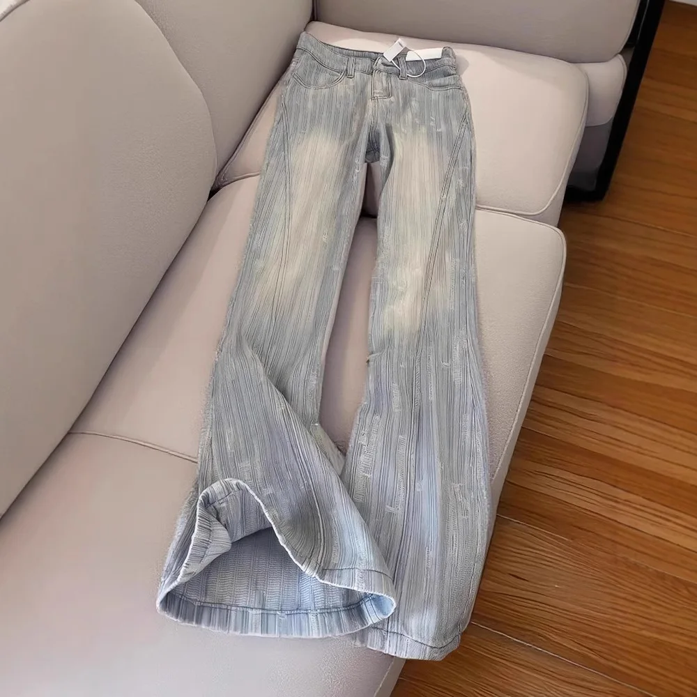 Women's Y2K High Waist Textured Flare Jeans, Light Blue Washed Distressed Bootcut Denim Pants, Casual Streetwear Bottoms