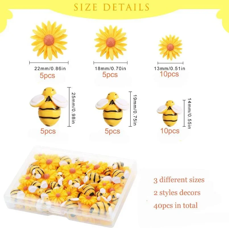 40Pcs Resin Bees Daisy Decor Bumblebee Sunflowers Embellishment Charms with Storage Box for Wreath Scrapbooking Party Home Decor