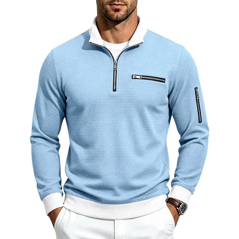 Men's Spring and Autumn One Piece Set: Waffle Knitted 1/4 Zipper Hoodie, Flip Collar, Long Sleeve Sportswear, Casual Top