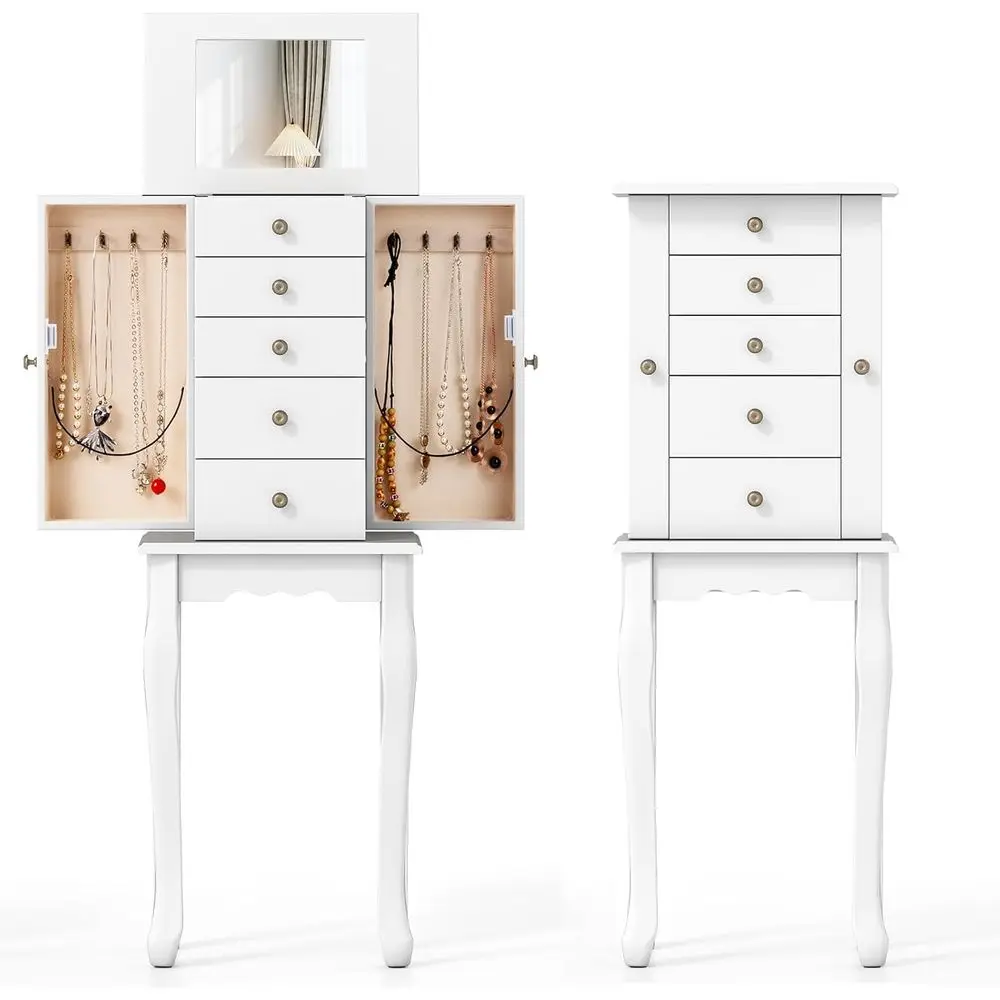 Standing lry Armoire Cabinet, Wooden lry Storage Chest with 5 Ders, 2 Side Do& lip Top Mirror, Top Divided Comparents lry Cabine