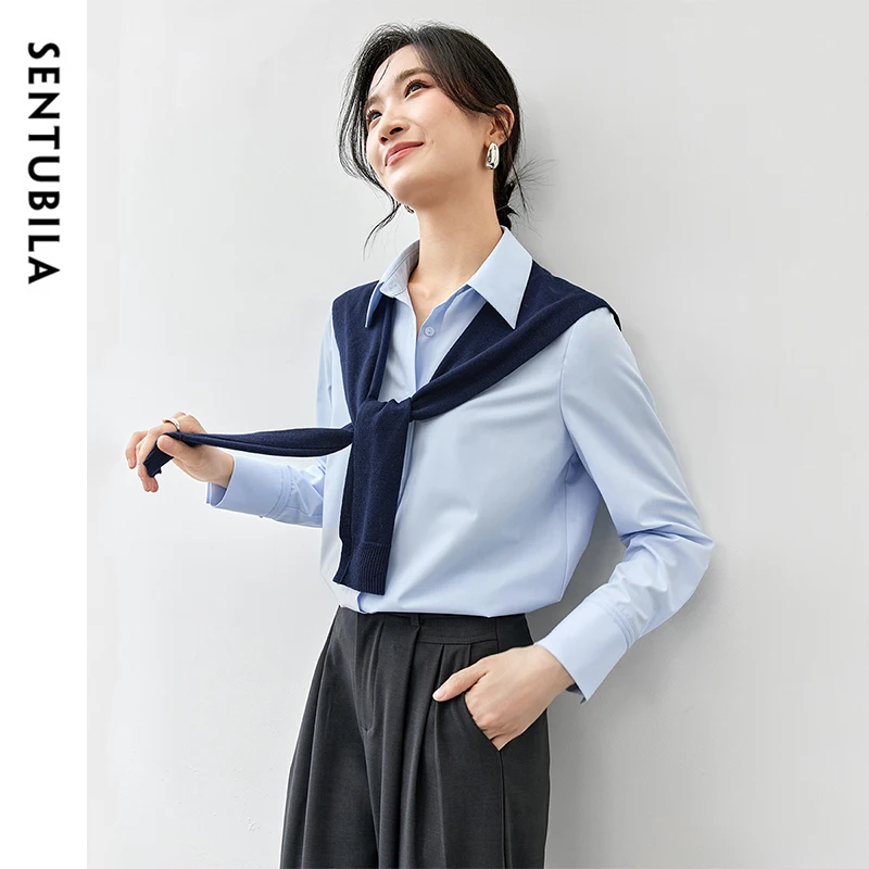 SENTUBILA Casual 2 Piece Sets Women Autumn Korean Style Turn Down Collar Striped Shirt Wool Knit Shawl Matching Sets 143C56803