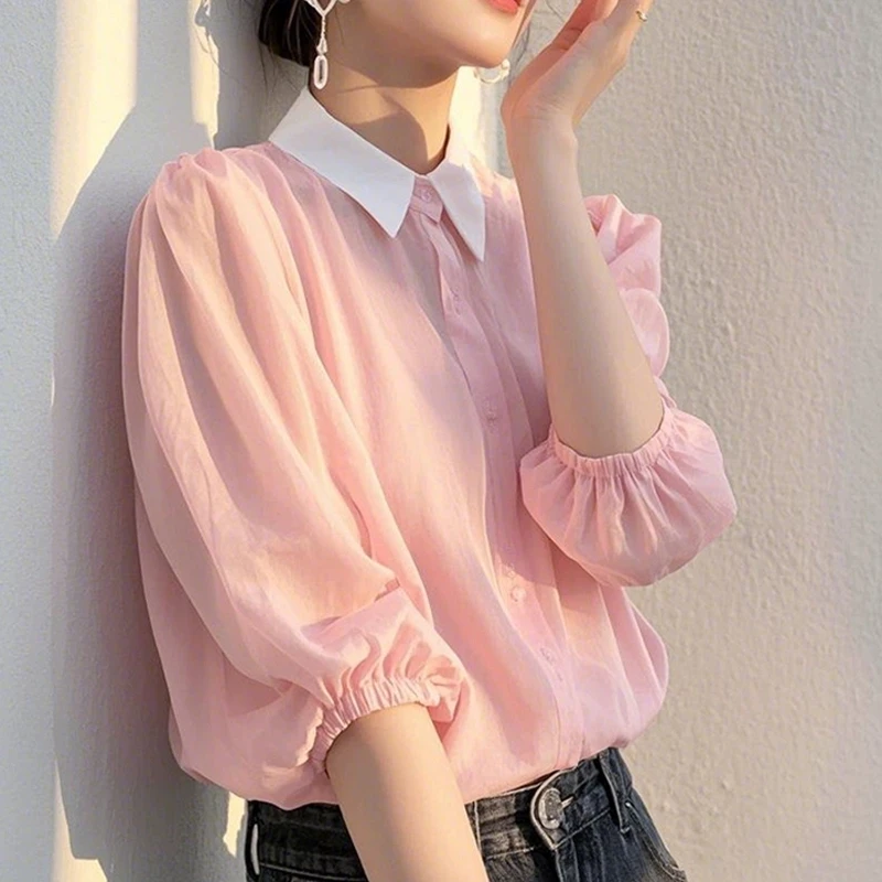 

Шифоновые женские блузки, корейские рубашки, МОДА, свободная летняя повседневная одежда, однотонные женские топы с короткими рукавами