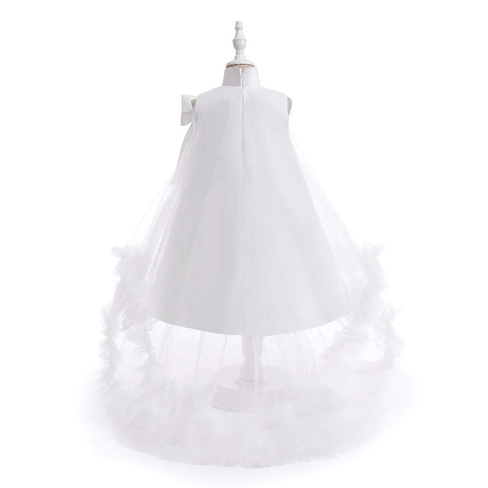 Trailing White Party Dress For Girl Children Costume Bow Birthday Princess Dresses Elegant Girls Clothes Wedding Gown 3-8 Year