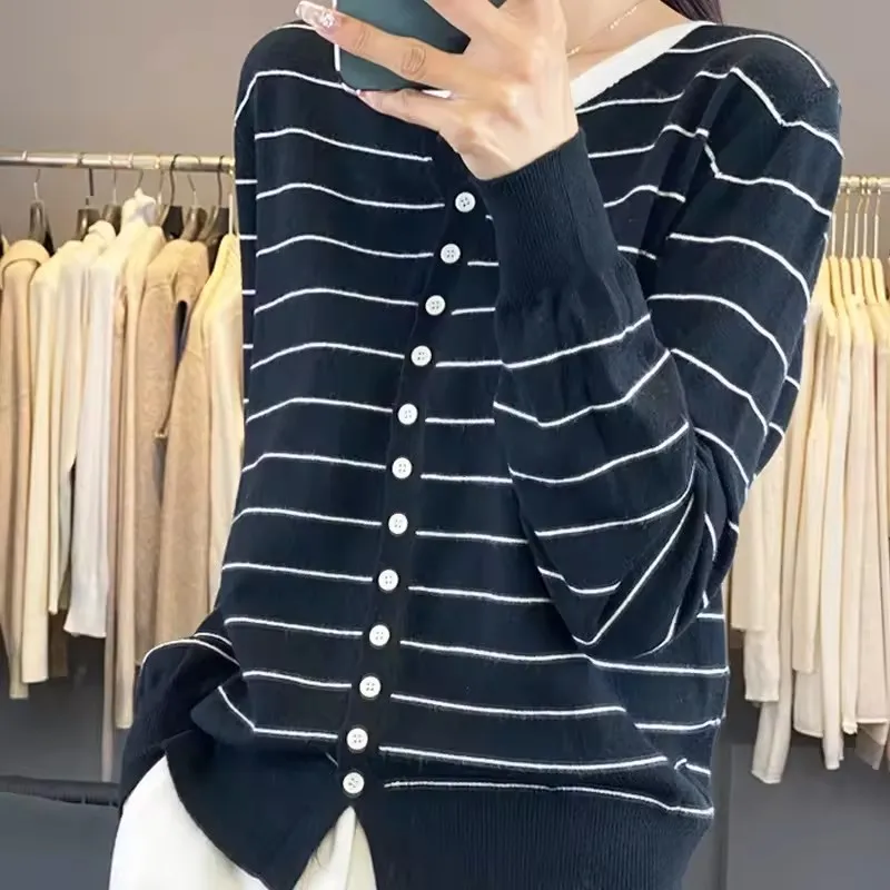 Spring Autumn Contrasting Striped Cardigan for Women Fashion Single-Breasted Knitted O-Neck Sweater Casual Versatile Thin Tops
