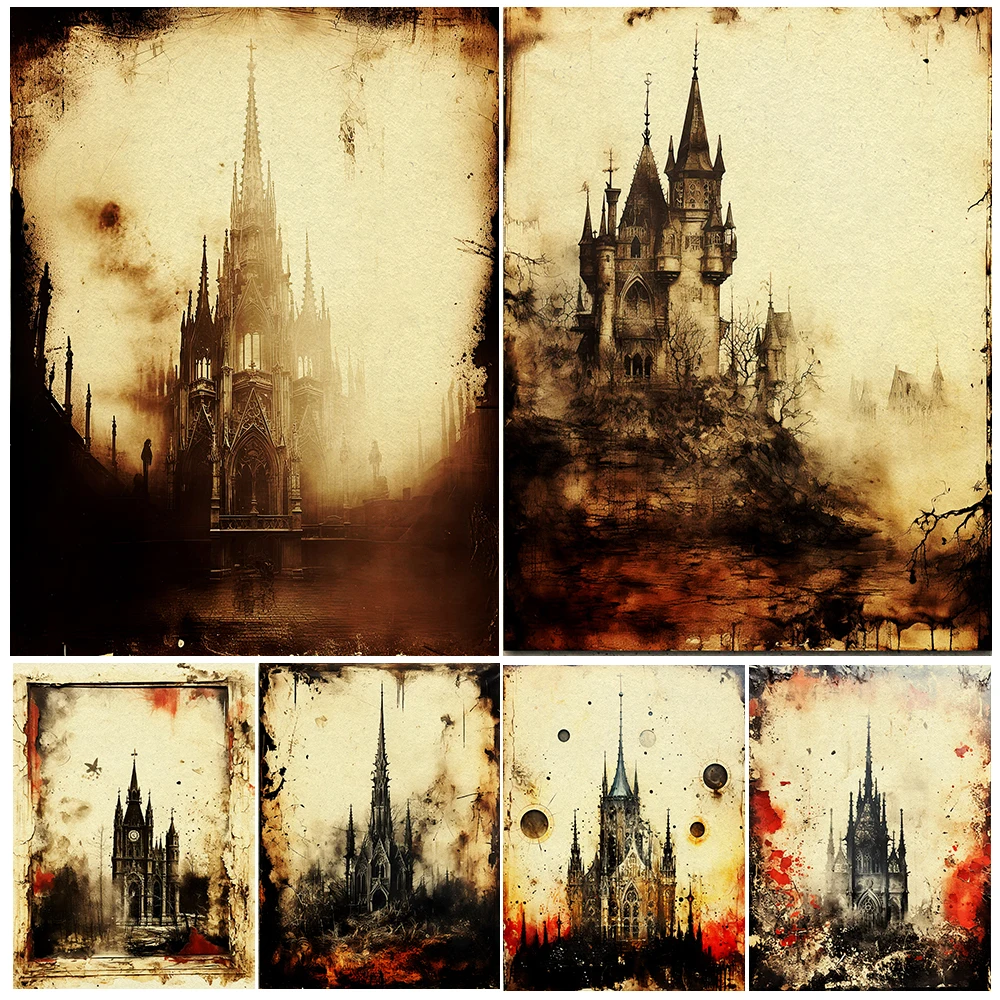 القلعة القوطية الفيكتورية، فن الحائط العتيق، لوحة قماشية، جماليات السحر الداكن، طباعة ملصق فني تجريدي، ديكور المنزل #1