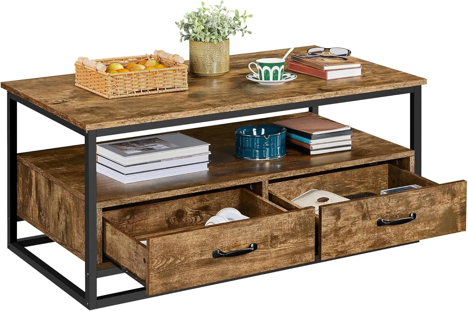 

Farmhouse Coffee Table with Open Shelves and 2 Drawers, 43.5" Length Center Table Cocktail Table with Metal Frame for Livin