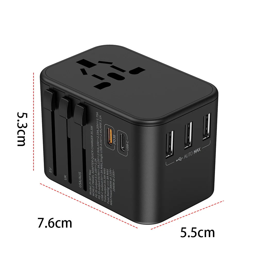 Universal Travel Adapter Powerful 35.5W AC Plug Adaptor with PD & QC 3.0 USB-C USB-A AC Power Plug Adapter for USA EU UK AUS