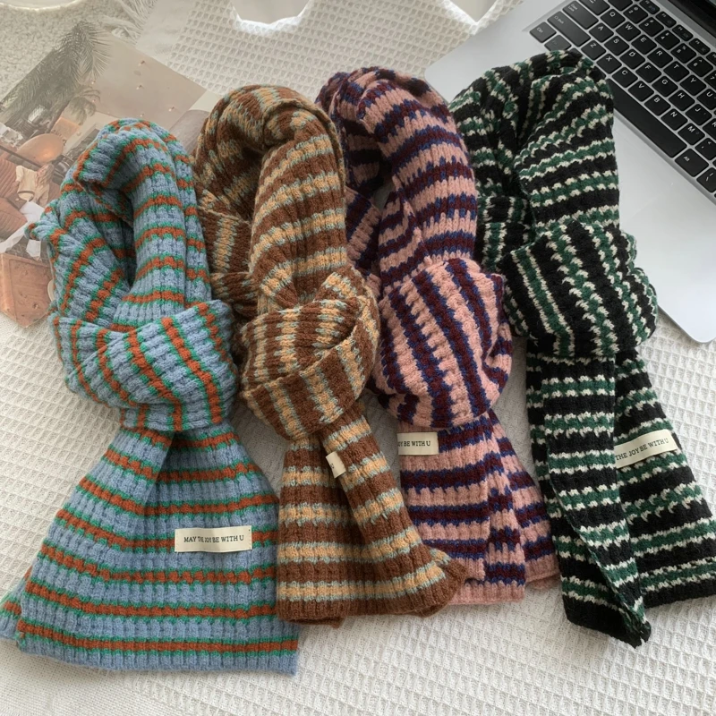 Winter Women Warm Stripe Scarf Knit Thick Warm Winter Color Stripe Scarves Winter Casual Warmer Women Scarves For Women