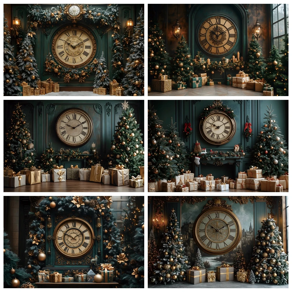 Green Clock Christmas Decoration 2024 Background Xmas Tree Gift Happy New Year Eve Family Party Backdrop for Photography Banner