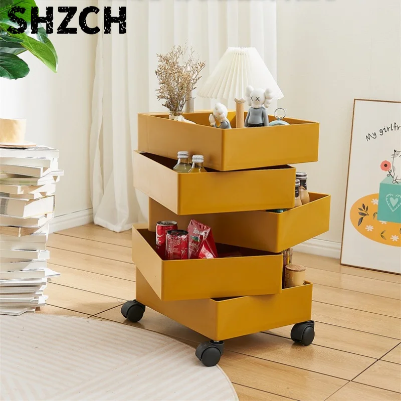 Rotating Storage Cart, INS Style Multi-Tier Snack Shelf for Living Room, Mobile Organizer with Wheels, Aesthetic Home Decor