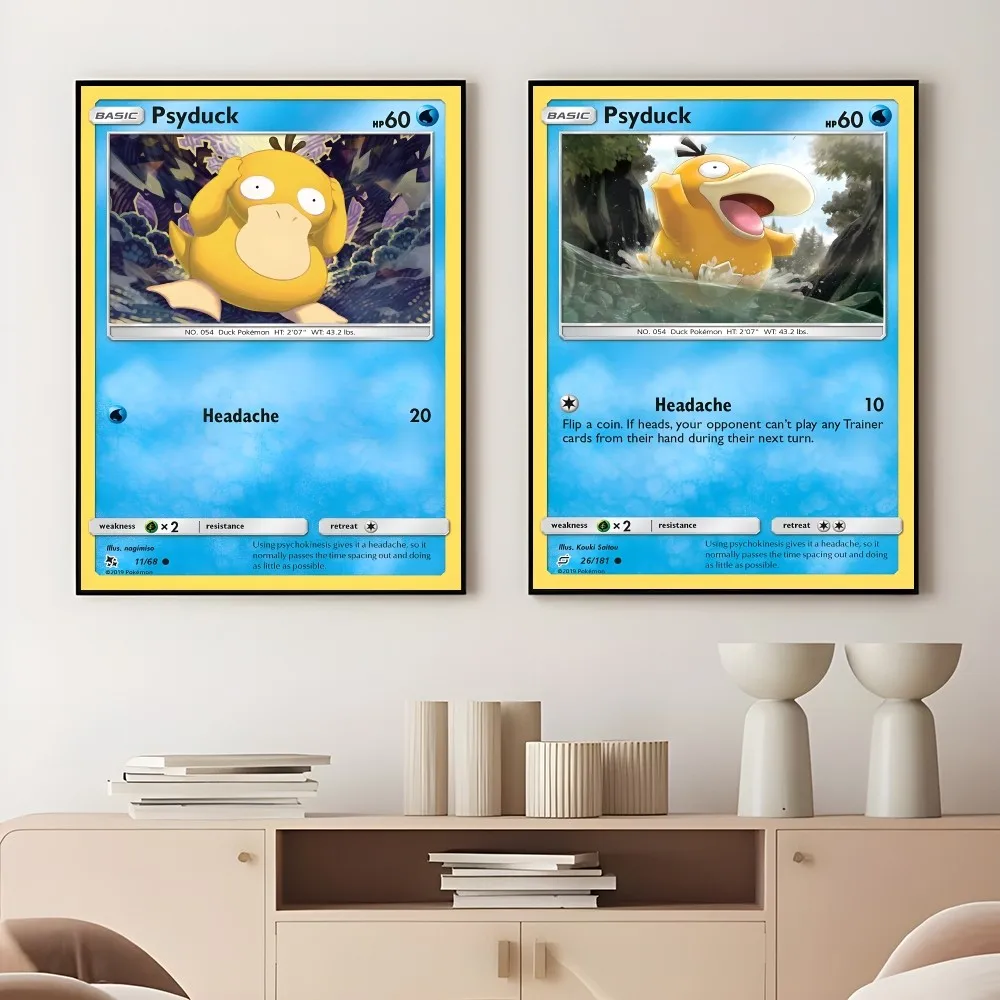 Catoon Psyduck Japanese Anime Rare Cards HD Poster Sticky Wall Art Printing Waterproof Home Living Bed Room Bar Aesthetic Decor