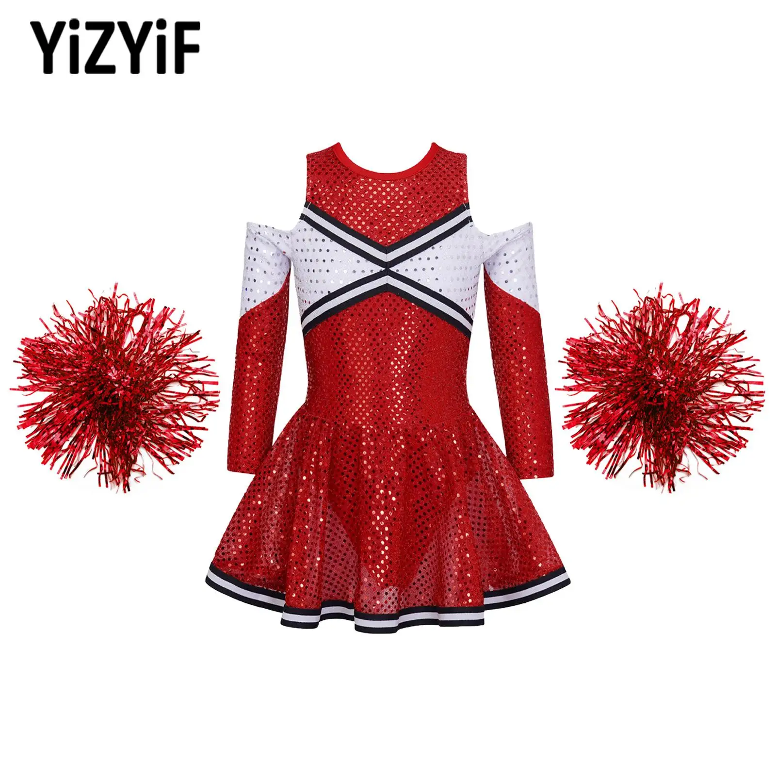 

Kids Girls Cheerleading Set Round Neck Cutout Back Sequin Leotard Dress with 2Pcs Flower Balls for Dance Performance Competition