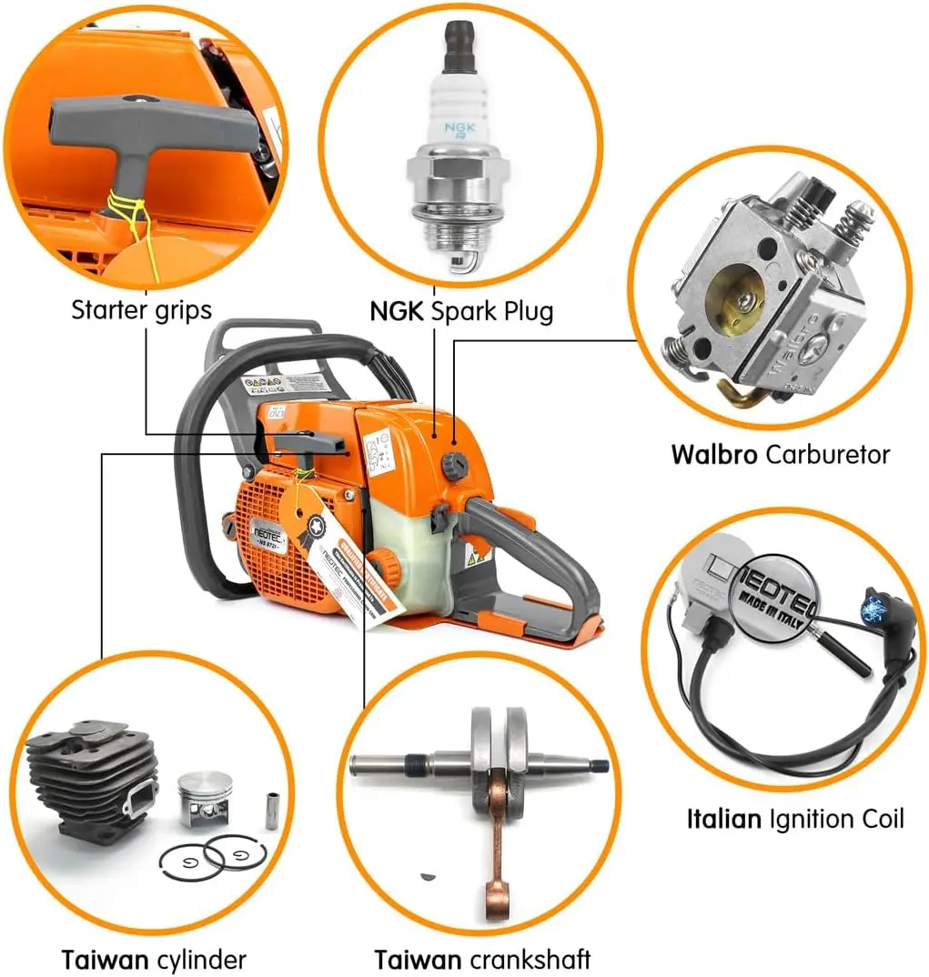 NS872I 72cc Gas Chainsaw High-End Version, with NGK Spark Plug, Italian Ignition Coil, 28 Inch Chainsaw, 28