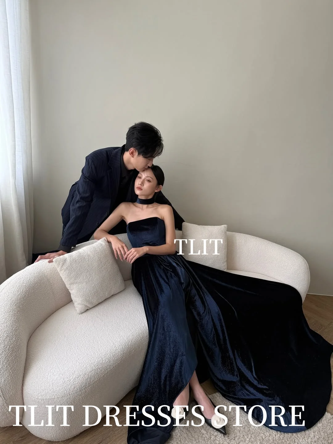TLIT-vestido de noche moderno de terciopelo azul profundo, vestidos de novia coreanos, sesión de fotos, vestido de graduación sin tirantes personalizado