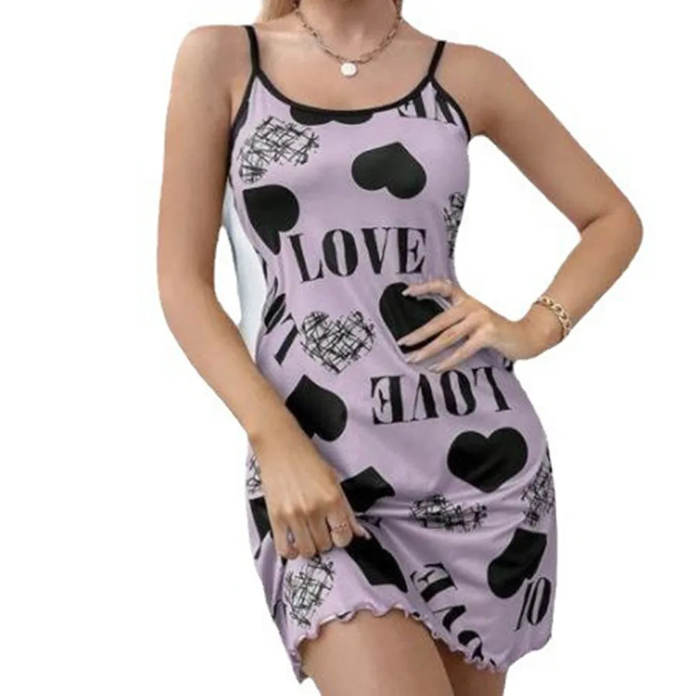 

Sexy women halter mini dress with heart shaped cartoon print breathable and comfortable polyester pajamas for home