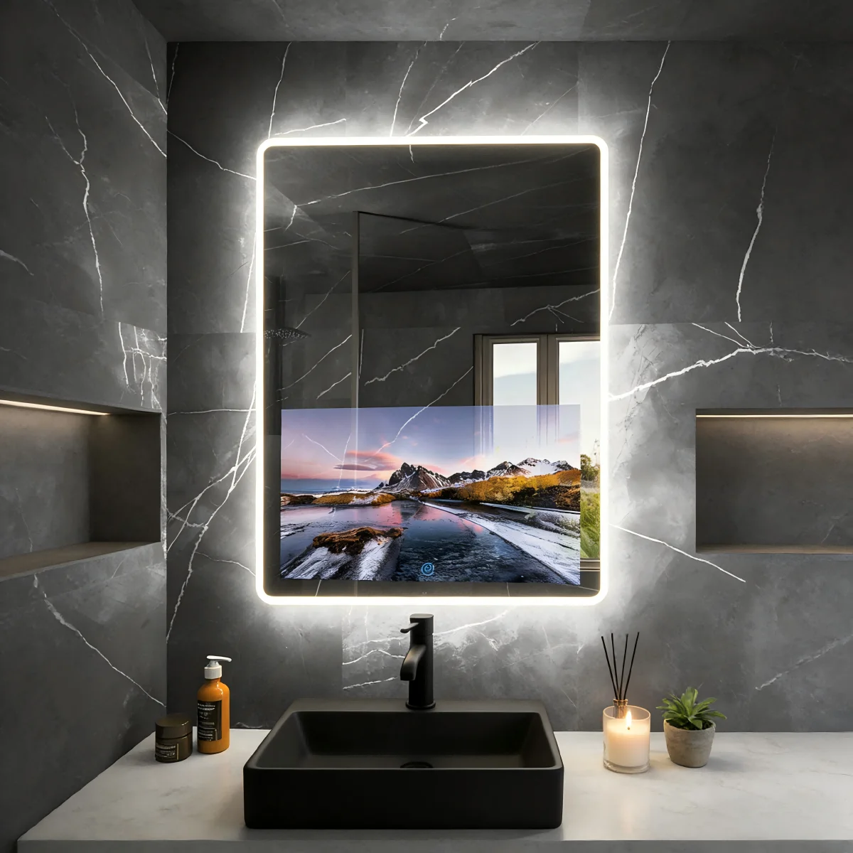 

Умное зеркало Kingstin Smart Magic Mirror для ванной комнаты с телевизором 1080P, сенсорным экраном, LED-подсветкой, водонепроницаемое, с защитой от запотевания, для умного дома