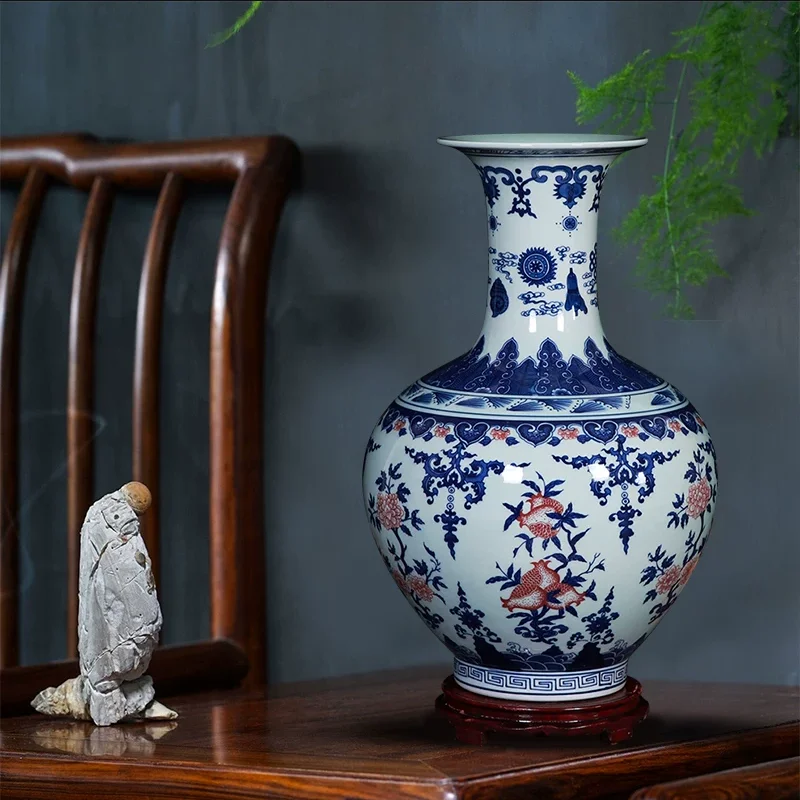 47cm/Jingdezhen Antique Blue and White Porcelain Hand-Painted Large Vase Ceramic Chinese Style Living Room Foyer Antique Shelf D
