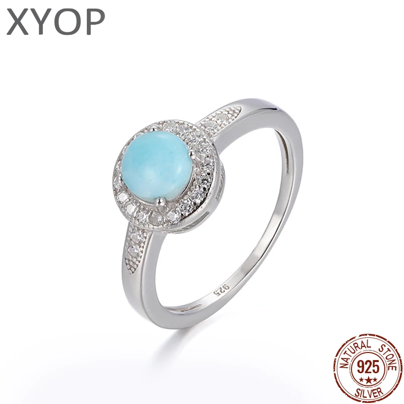 

925 Sterling Silver Natural Stone Larimar Proposal Ring Women Design Classic Simple Female Wedding LOVE Diamond Jewelry Dating