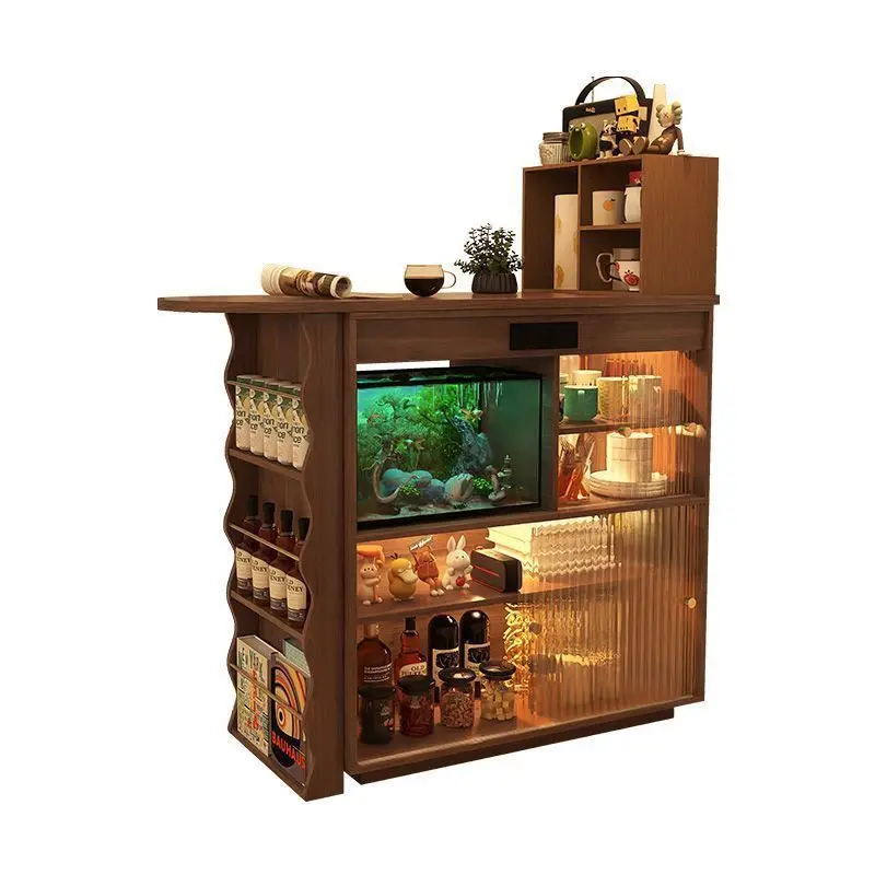 Retractable rotating home living room sofa partition cabinet retro walnut solid wood narrow island