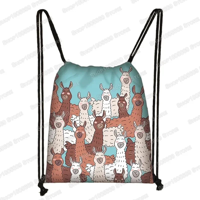 Funny Alpaca Drawstring Bag Softback Llama Backpack Women Travel Bags Boys Girls Canvas Storage Bag Kids Bookbag Shoes Holder