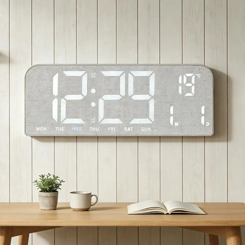 Desktop Digital Wall Clock 4 Levels Brightness LED Alarm Clock Date Week Dual Alarm Wood Grain Clock With Colorful Ambient Light