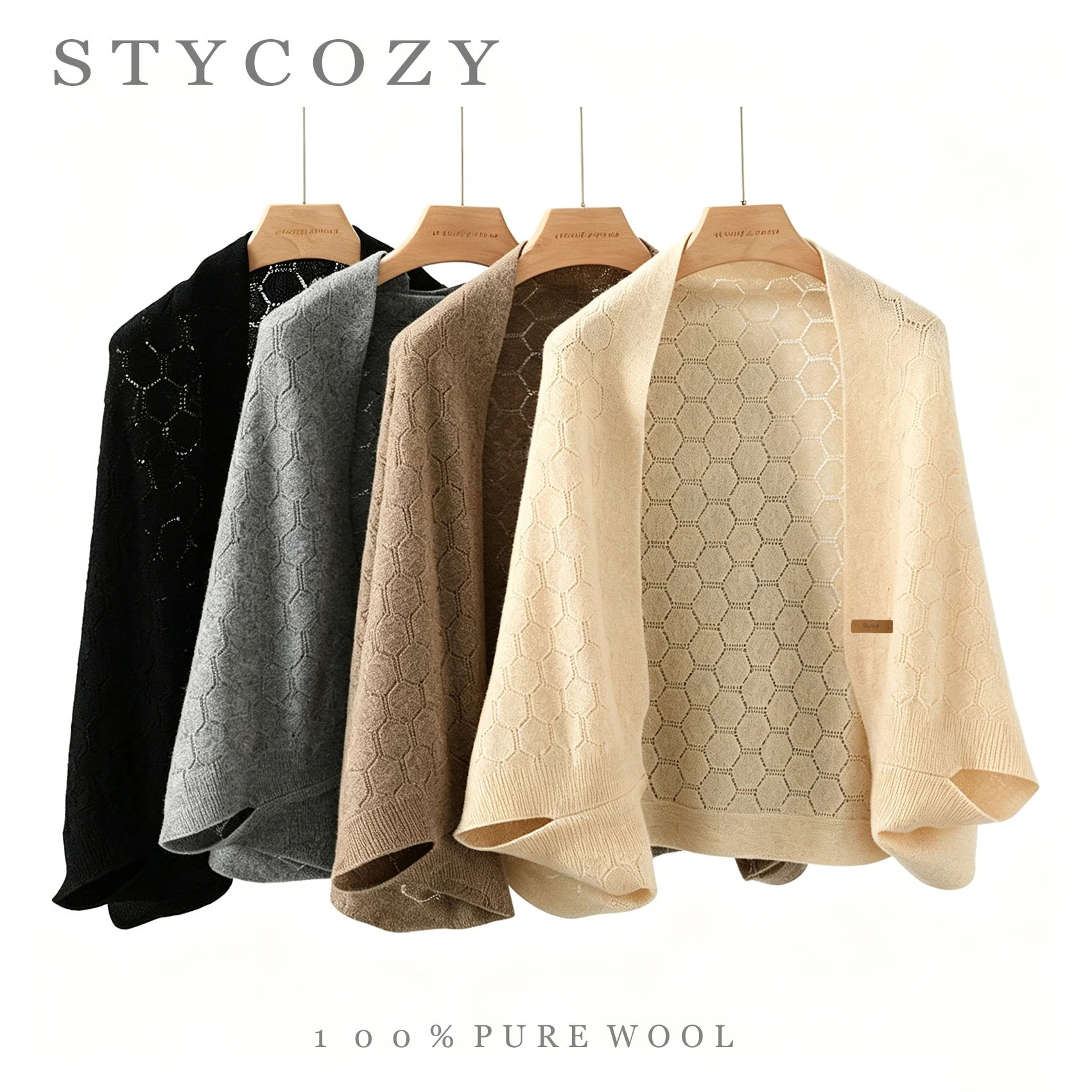 100% Wool Outer Small Shawl Knitted Hexagon Hollow Yarn Scarf For Women Neck-Warming And Shoulder-Covering For Spring And Autumn