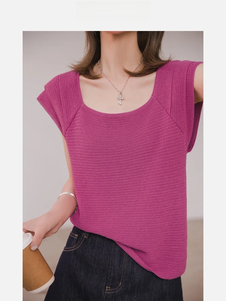 

Xiaogulili Luo eng Knitted irt Linen like Women's T-irt Summer New Outerwear Vest Cool Comfortable Square Collar Top
