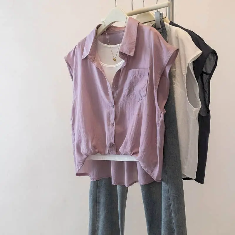 Crop Tank Tops Loose Polo-neck Casual Korean Fashion False Two-piece Design Shirts Aesthetic 2026 Summer Wear Women Clothing