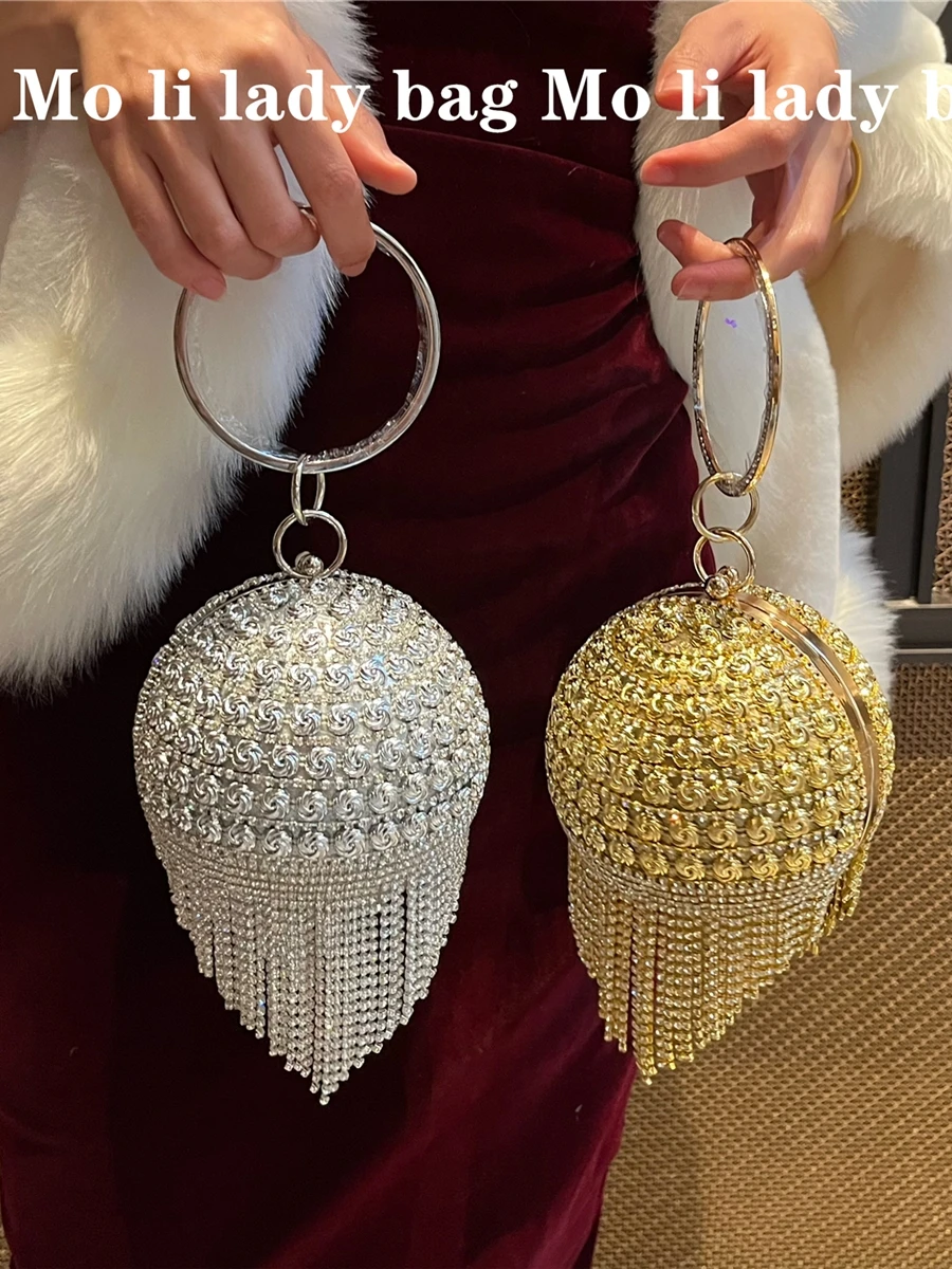 

Metal Evening Bag Moli Show Style Ball Shape Small Rose Diamond Dress Bag New Women's Handbag American Retro Style round...