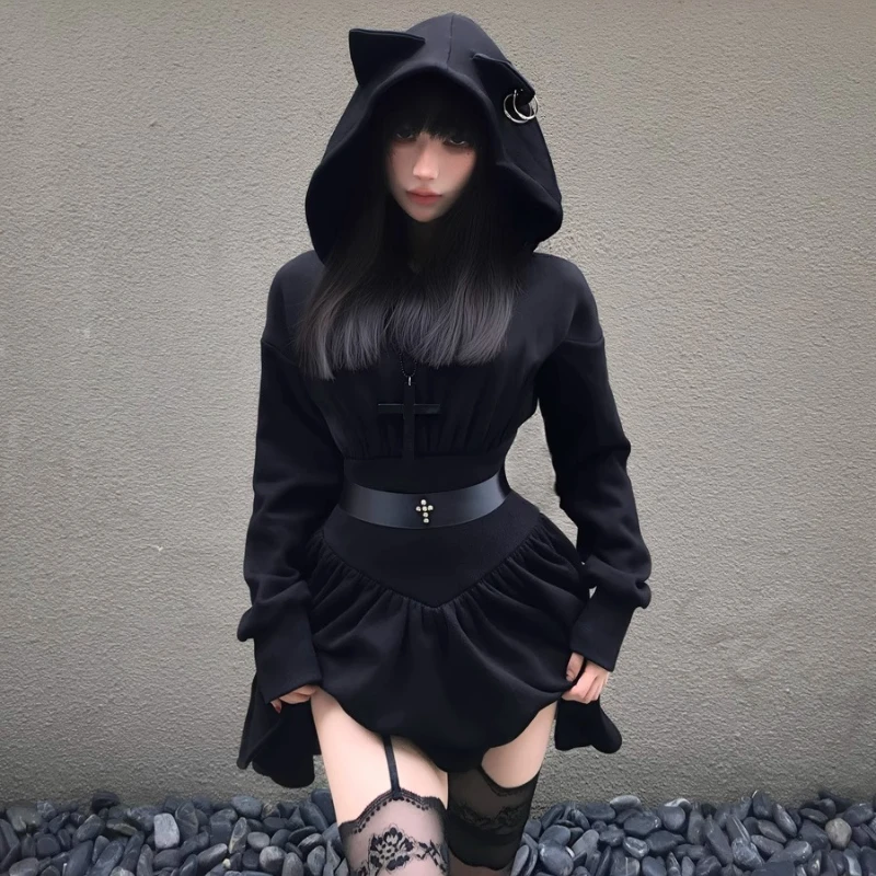 

Autumn Winter New Gothic Dark Style Girl Halloween Costume Punk Design Waist Long Sleeve Sweatshirt Fleece Lined Dresses Ladies