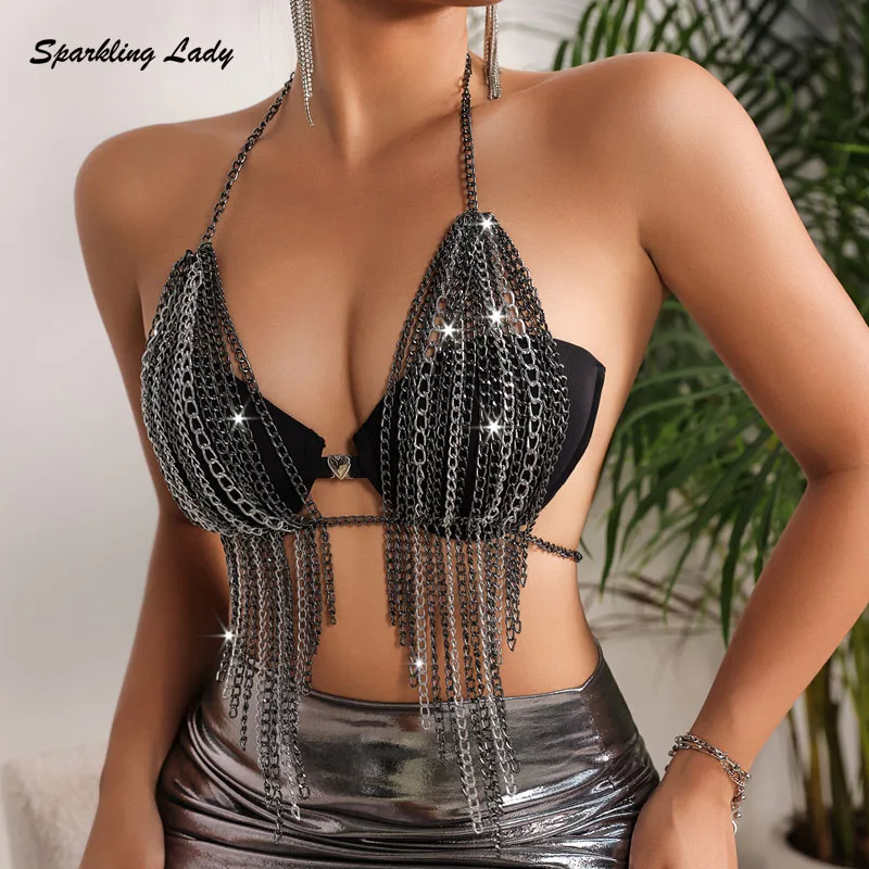 

Y2K Cyberpunk Black Silver Aluminum Chainmail Crop Top Women Tassel Hem Sexy Body Jewelry for Music Festival and Clubwear
