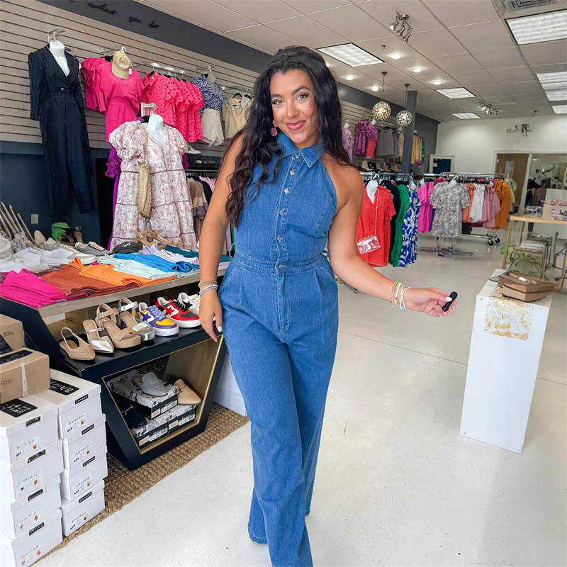 Sexy Halter Backless Denim Jumpsuit Woman Sleeveless Single-breasted Button Up High Waist Wide Leg Pants Romper Elegant Overalls