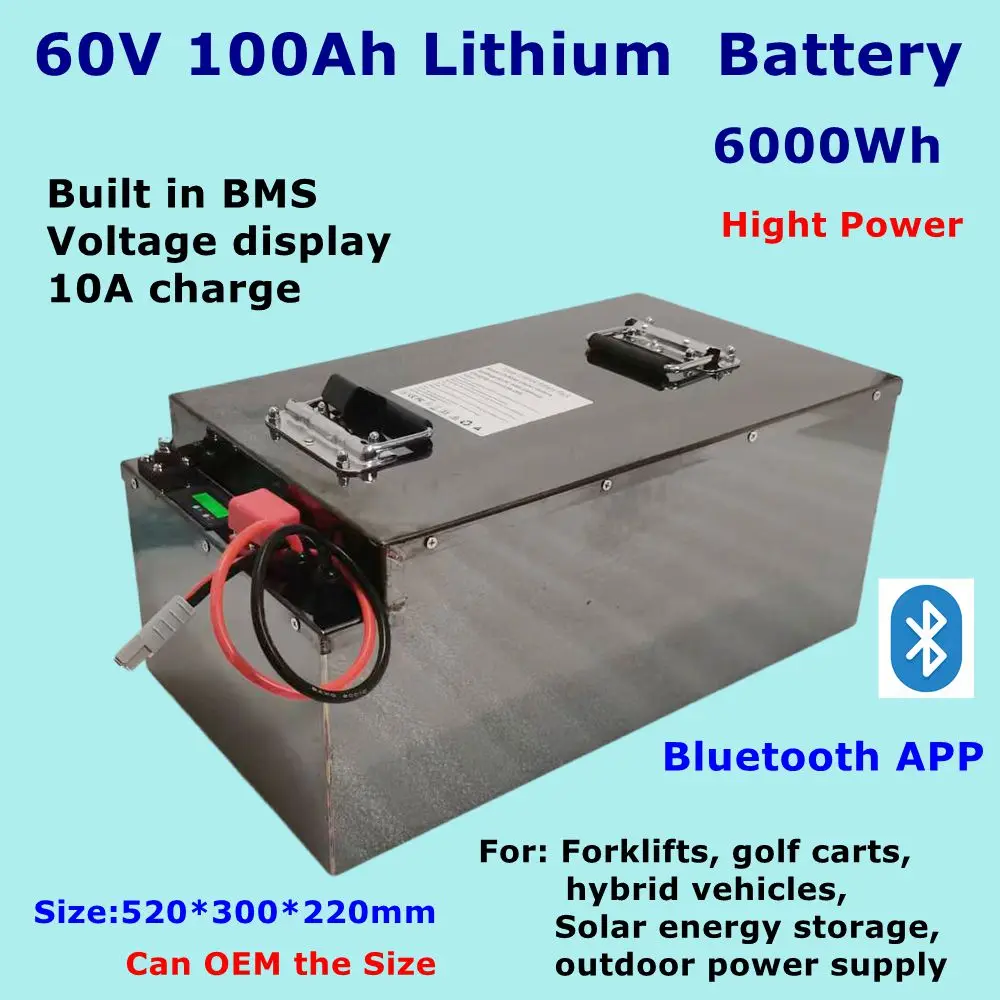 

Литий-ионный аккумулятор высокой мощности 60 В 100 Ач с Bluetooth BMS для скутера 5000 Вт, вилочного погрузчика, подметальной машины, экскурсионного автомобиля, гольф-кара + зарядное устройство 10 А