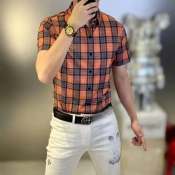 Button Short Sleeve Striped Checkered Cardigan Men's Clothing Turn-down Collar Contrast Color Shirt Casual Formal Fashion Tops