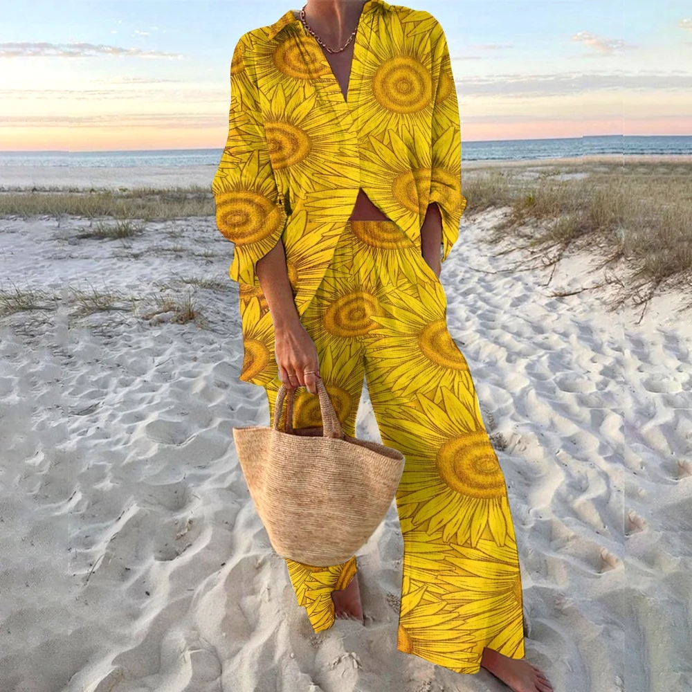 Ladies Casual Two-piece New Gold Sunflower Print Beachwear Luxury V-Neck Long Sleeve Shirt and High Waist Straight Pants