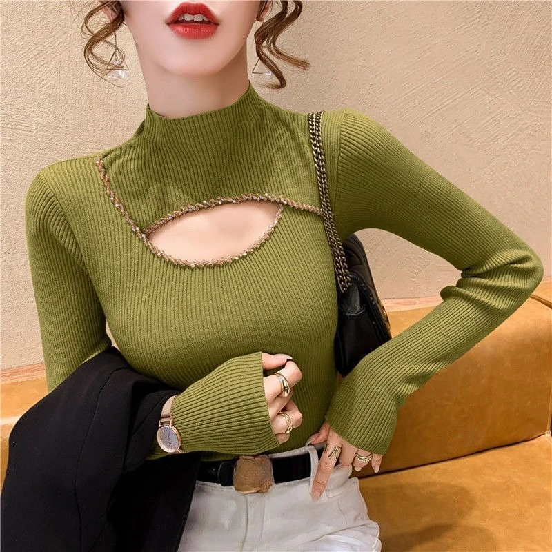 

Heavy Beaded Rhinestone Turtleneck Sweater Women Fleece Lined Thermal Knit Top with Lace Detail Winter Layering