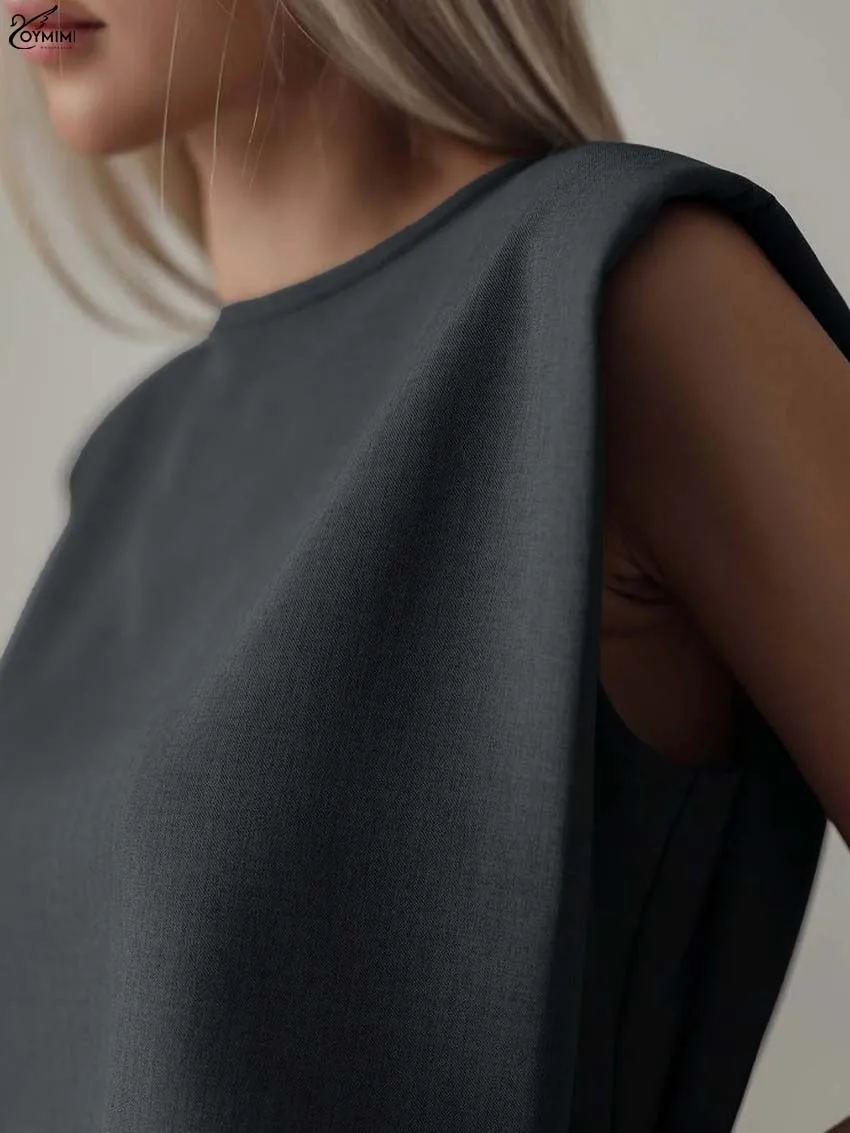 Oymimi Elegant Grey 2 Piece Sets Woman Outfit Fashion O-Neck Sleeveless Simple Tops And High Waist Straight Trousers Female Sets