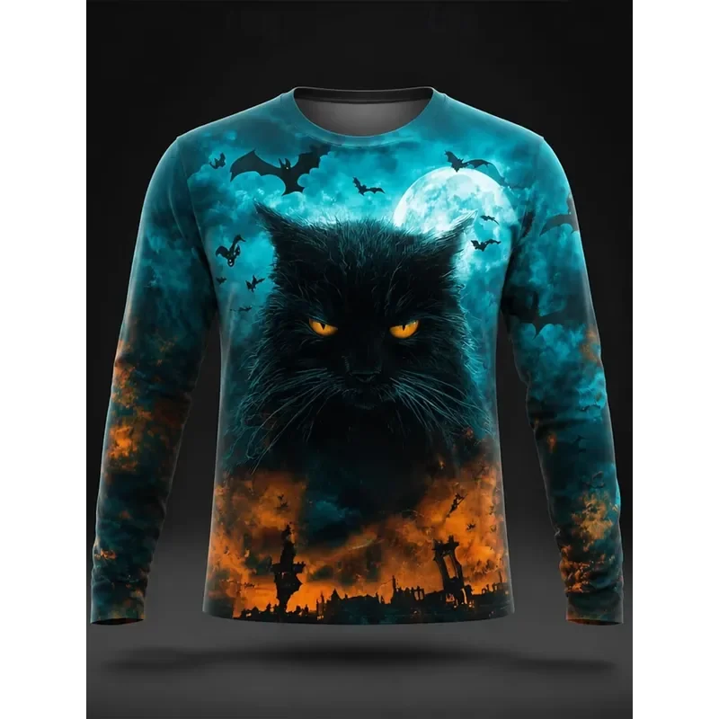 3D Long Sleeve Men Halloween T Shirt 2026 Black Cat Haunted House Skull Moon Print Crew Neck Gothic Horror Party Tops Casual