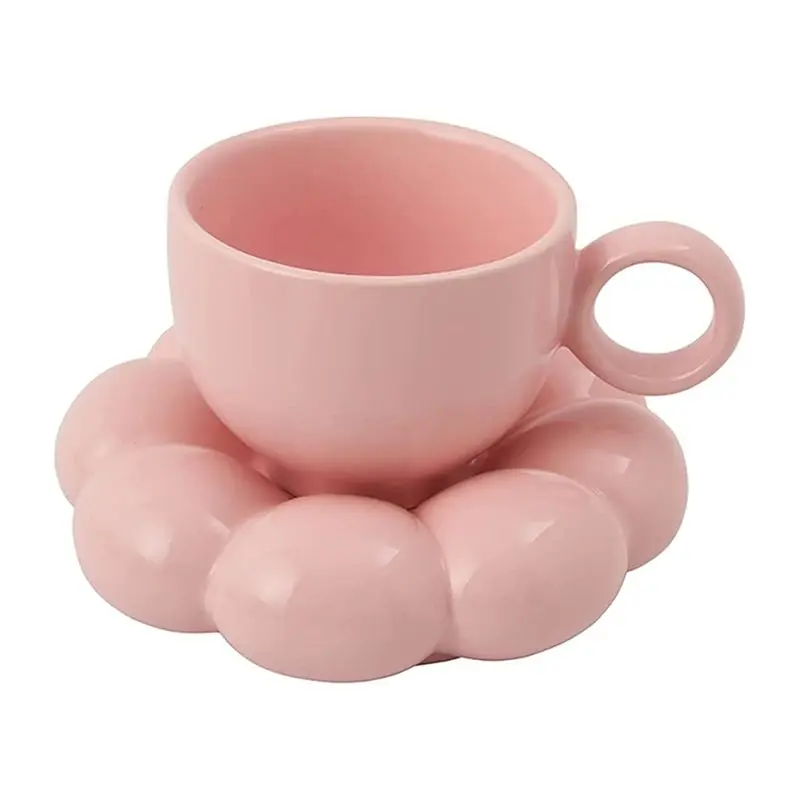 A56K Flower Coffee Cup & Saucer Set Cute Mug & Saucer Set Ceramic Coffee Cup with Sunflower Saucer Latte Cups 6.7Oz Pink