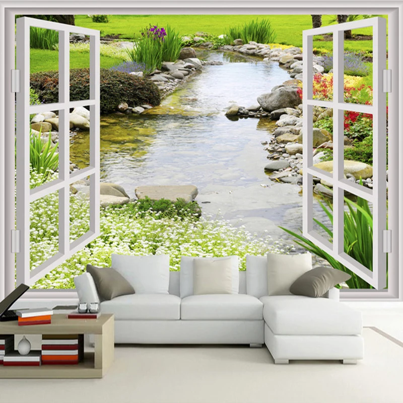 Customized products Mural Wallpaper Modern Simple 8D Window Garden Small River Flower Grass Bedroom living room TV backdrop wall