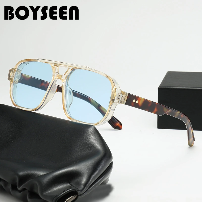 BOYSEEN Vintage Double Bridges Men Women Square Sunglasses Fashion Clear Ocean Lens Eyewear Trending Rivets Sun Glasses UV400