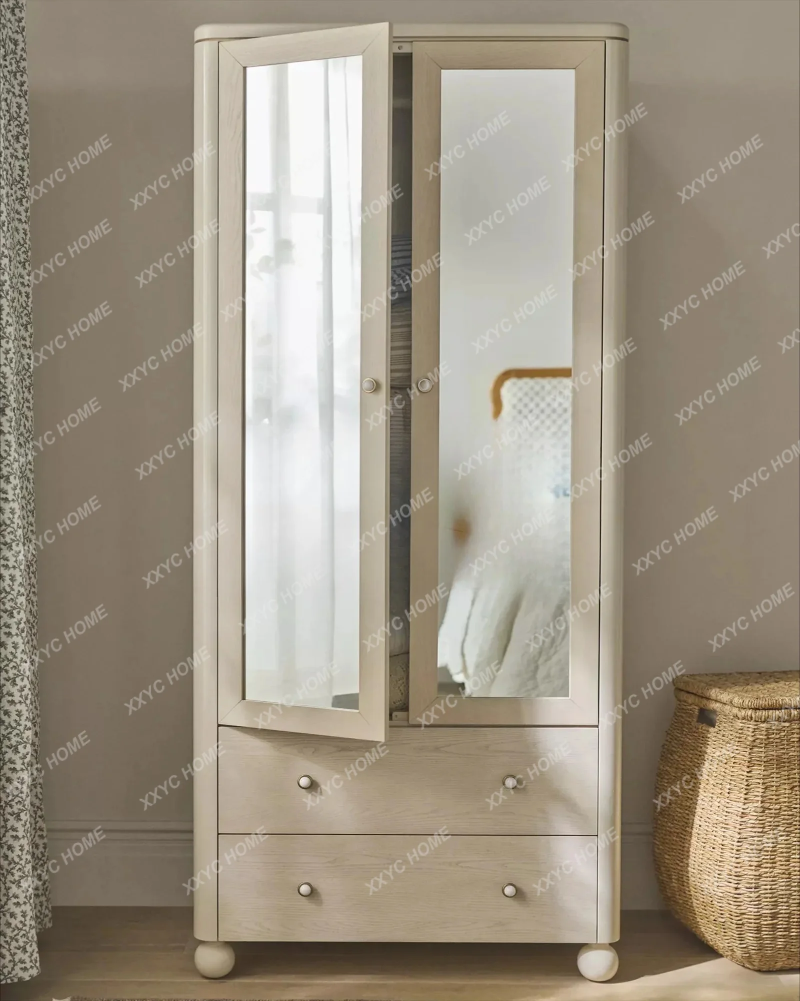 cream style solid wood double door swing door wardrobe with clothes rod wardrobe can be customized