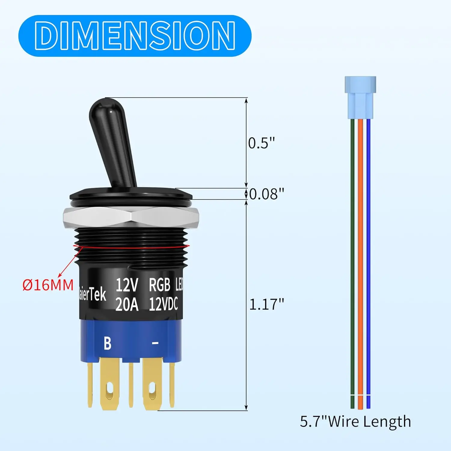 DaierTek Lighted Toggle Switch 12V Waterproof RGB LED Marine Toggle Switch 16MM 12V 20A Heavy Duty Metal Toggle Rocker Switch