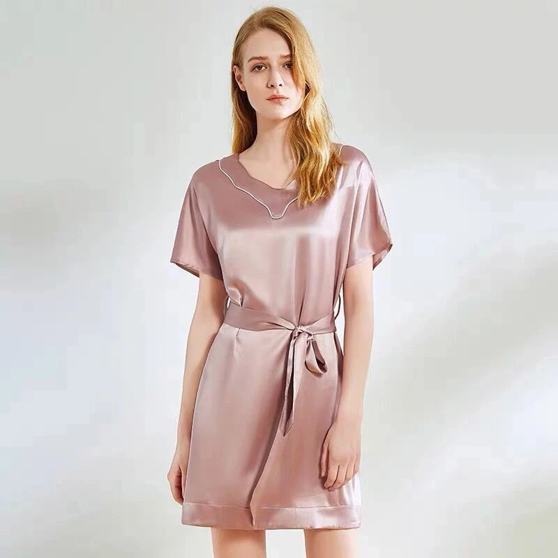 

Round Neck 100% Mulberry Silk Women Chemise Sleepwear Nightdress Belted Nightgown Short-sleeved Mini Home Dress Underwear Nighty