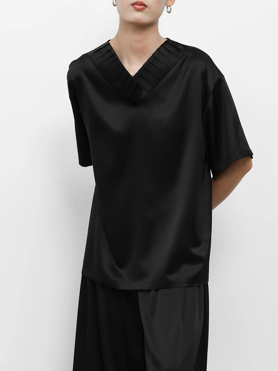 

JUZININE Silk irt Silk Loose Casual Top V-Ne ort Sve Pleated Straight Cut Original Design Women's Faion